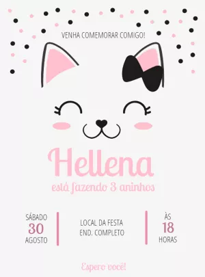 Convite de Aniversário Gatinha Rosa para Editar Online