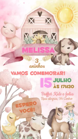 Convite Aniversário Fazendinha Aquarela para Editar Online