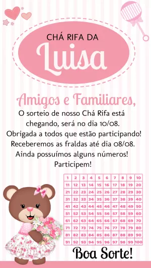 Convite Chá Rifa Ursinha Princesa para Editar Online