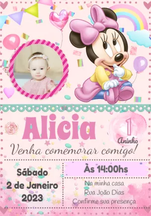 Convite Minnie Baby com Foto para Aniversário para Editar