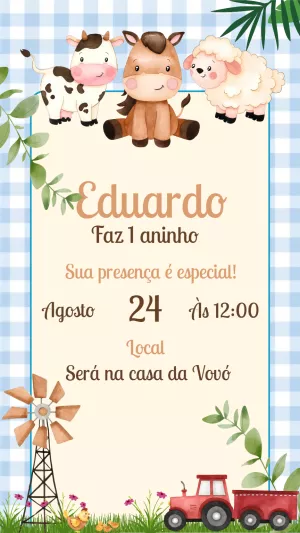 Convite Aniversário Fazendinha com Animais para Editar Online