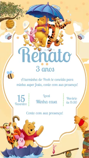 Convite de Aniversário Ursinho Pooh e Turma para Editar Online