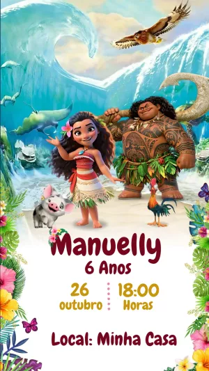 Convite de Aniversário Moana com Maui na Praia Editável
