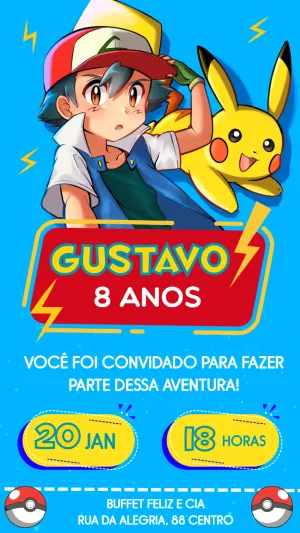 Convite de Aniversário Pokémon com Ash e Pikachu para Editar