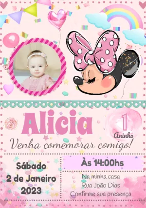 Convite Aniversário Minnie Rosa com Foto para Editar Online