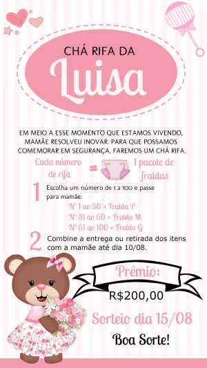 Convite Chá Rifa Ursinha Princesa para Editar Online