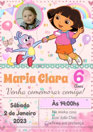 Convite de Aniversário Dora Aventureira com Foto para Editar