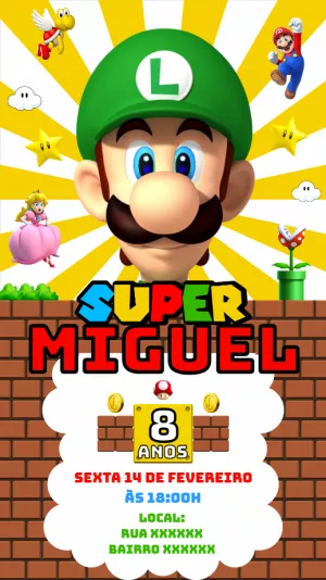 Convite Aniversário Super Mario com Luigi para Editar Online