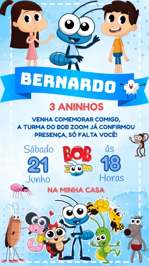 Convite de Aniversário Bob Zoom com Personagens para Editar