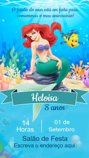 Convite Pequena Sereia Ariel no Fundo do Mar Editável