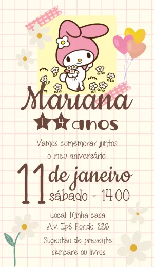 Convite de Aniversário My Melody Editável para Imprimir