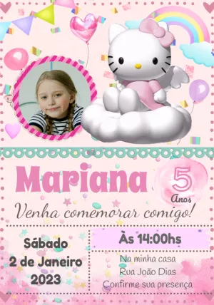 Convite Aniversário Hello Kitty com Foto para Editar Online