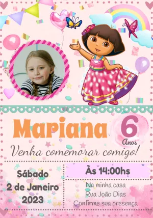 Convite Aniversário Dora Aventureira com Foto para Editar Online