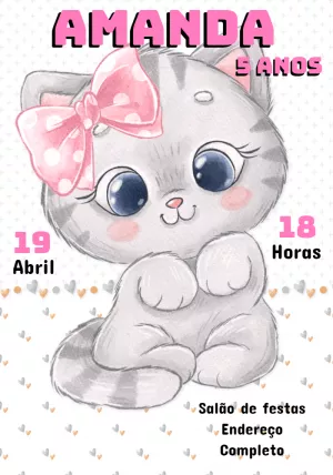 Convite Aniversário Gatinha Fofa para Editar Online