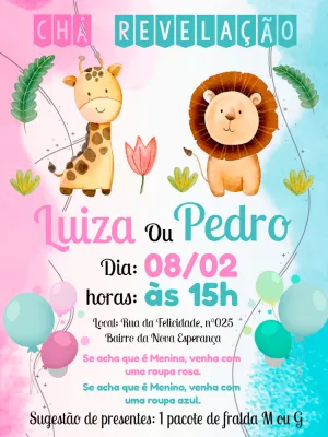 Convite Chá Revelação Safari com Animais para Editar Online