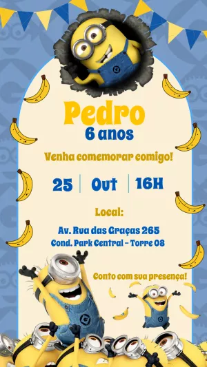 Convite de Aniversário Minions para Editar e Imprimir