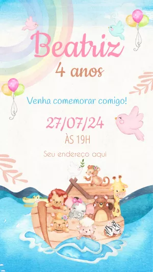 Convite Aniversário Arca de Noé com Animais para Editar Online