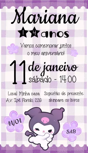 Convite de Aniversário Kuromi Roxo para Editar Online
