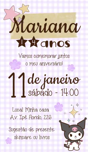 Convite de Aniversário Kuromi para Editar e Imprimir
