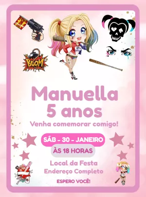 Convite Aniversário Arlequina Chibi para Editar Online