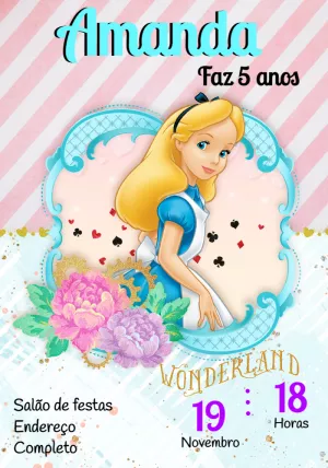 Convite Aniversário Alice no País das Maravilhas para Editar