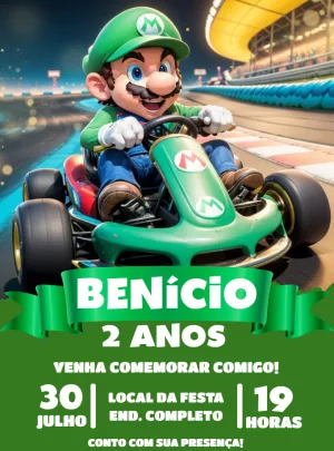 Convite Aniversário Mario Kart Luigi para Editar Online