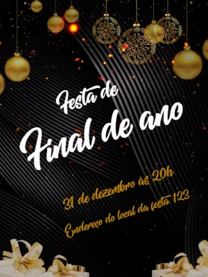 Convite de Réveillon Elegante Preto e Dourado para Editar