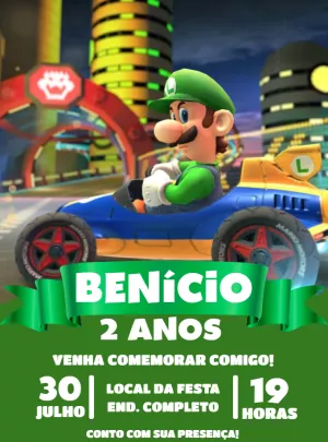 Convite Aniversário Luigi Mario Kart para Editar Online