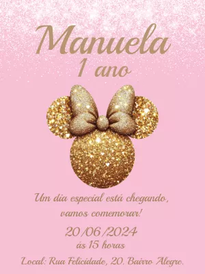 Convite Aniversário Minnie Rosa e Dourado para Editar Online