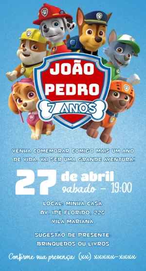 Convite de Aniversário Patrulha Canina para Editar Online