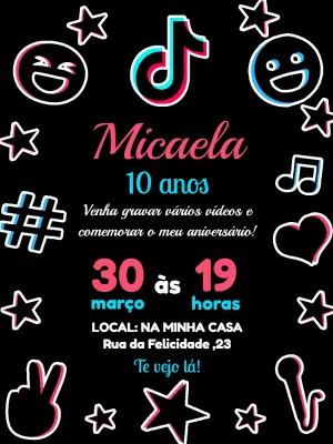 Convite de Aniversário Tema Tiktok com Ícones para Editar Online