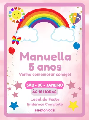 Convite de Aniversário Arco Íris Colorido para Editar Online