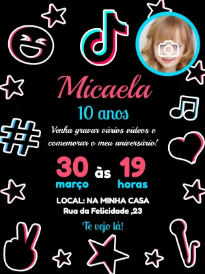 Convite Aniversário TikTok com Foto para Editar Online