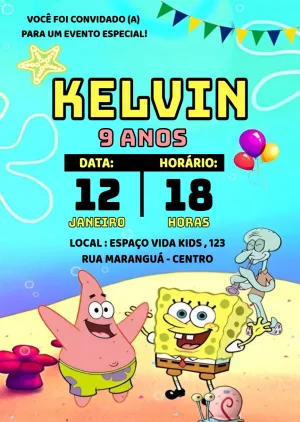 Convite de Aniversário Bob Esponja com Personagens para Editar