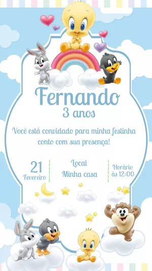 Convite de Aniversário Looney Tunes Baby para Editar Online