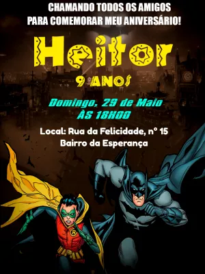 Convite de Aniversário Batman e Robin para Editar Online