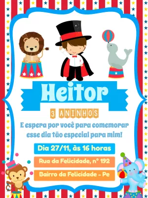 Convite Aniversário Circo com Mágico e Animais para Editar
