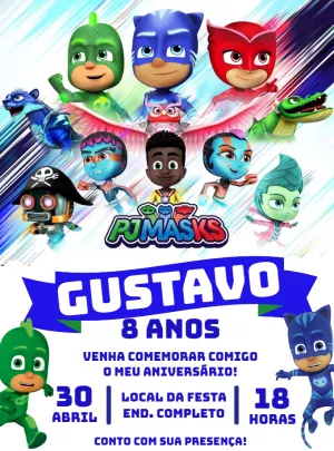 Convite Aniversário PJ Masks com Heróis para Editar Online