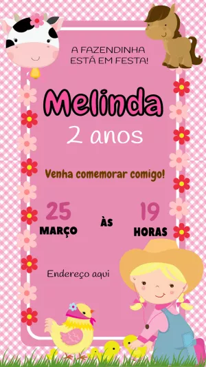 Convite Aniversário Fazendinha Rosa para Editar Online
