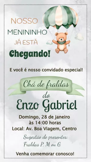 Convite Chá de Fraldas Ursinho com Paraquedas para Editar
