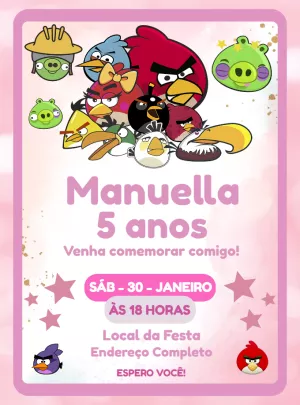 Convite de Aniversário Angry Birds Rosa para Editar Online