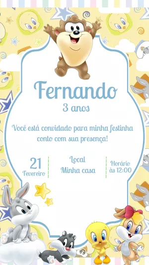 Convite Aniversário Baby Looney Tunes para Editar Online