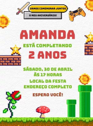 Convite de Aniversário Games Pixel Art para Editar Online