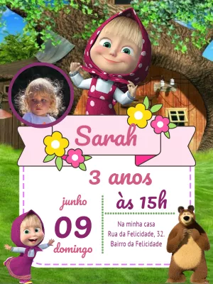 Convite Aniversário Masha e o Urso com Foto para Editar Online