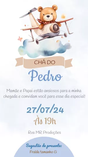 Convite Chá de Fraldas Ursinho Aviador para Editar Online