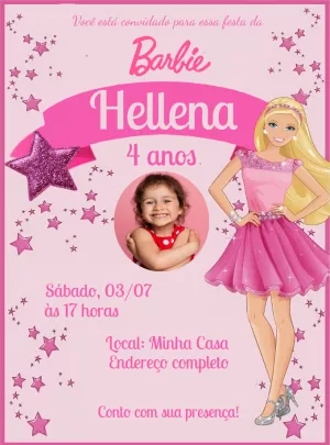 Convite Aniversário Barbie com Foto para Editar Online e Imprimir