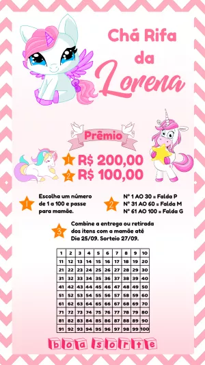 Chá Rifa de Unicórnio Fofo para Editar e Imprimir Online