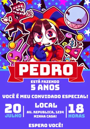 Convite Aniversário Digital Circus com Personagens para Editar