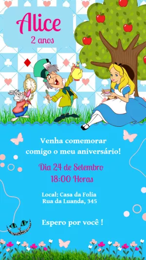 Convite Aniversário Alice no País das Maravilhas para Editar