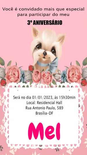 Convite Aniversário de Cachorro Floral para Editar Online